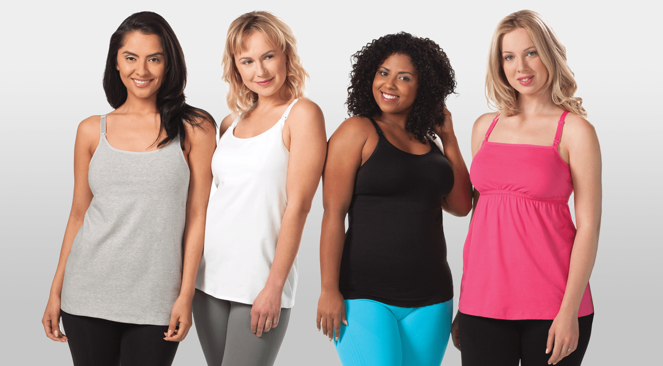 Four Women against blank wall wearing nursing tank tops and leggings