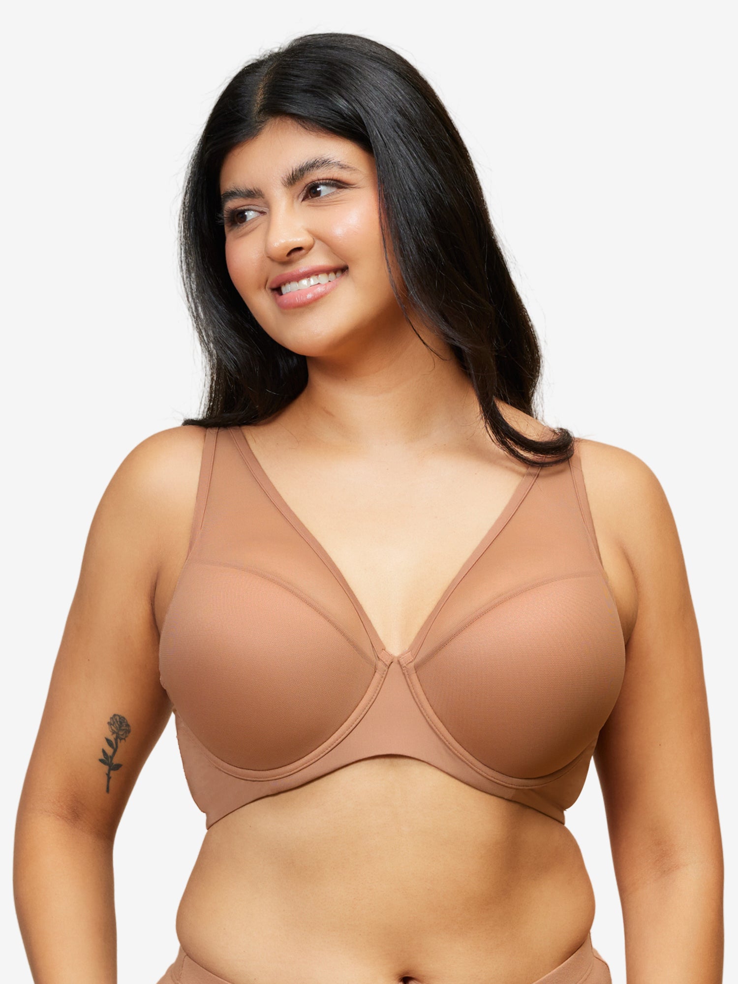 Front view of mesh plunge underwire bra in mocha