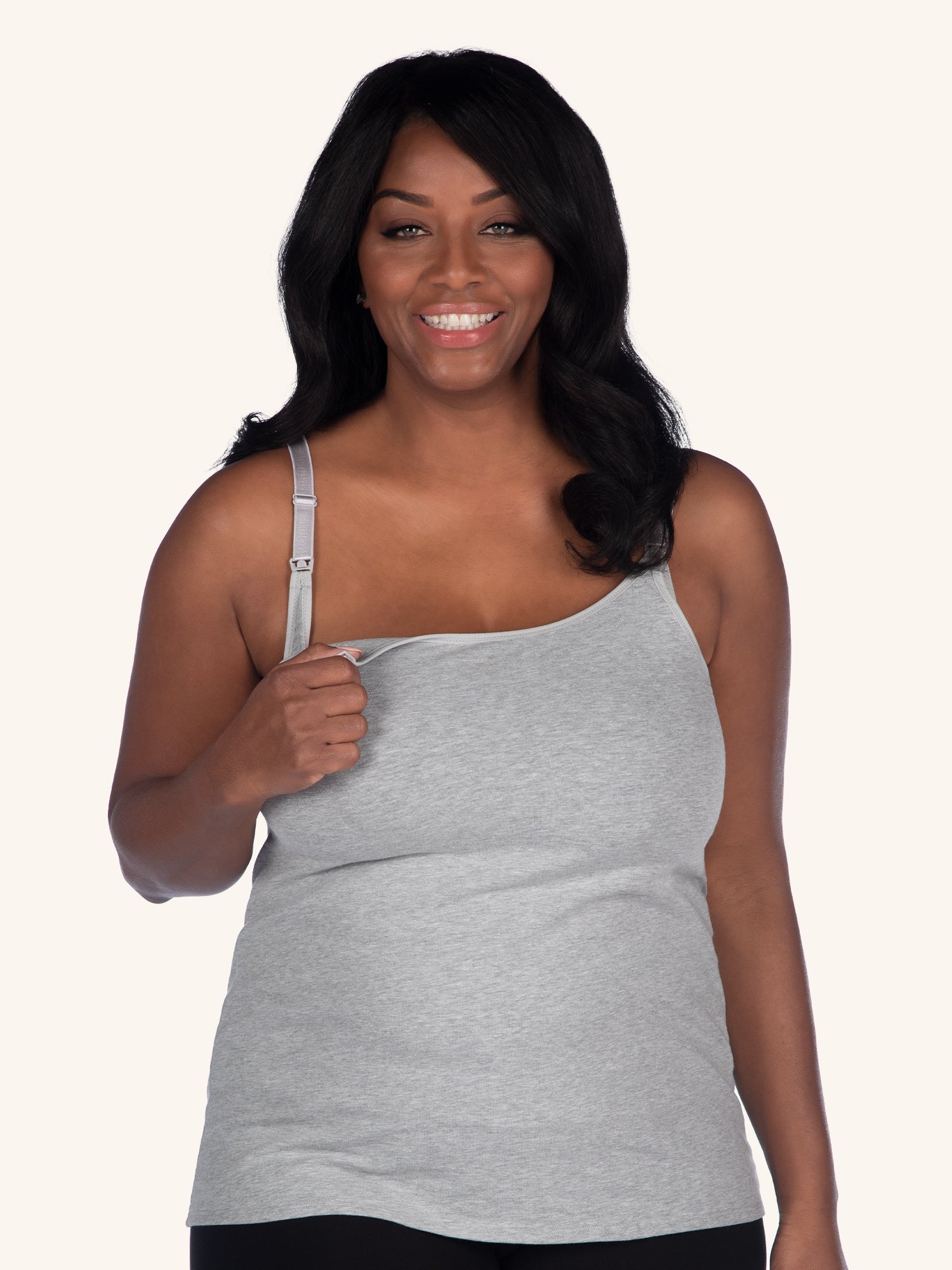Front view of maternity and nursing tank with built-in nursing bra in heather grey