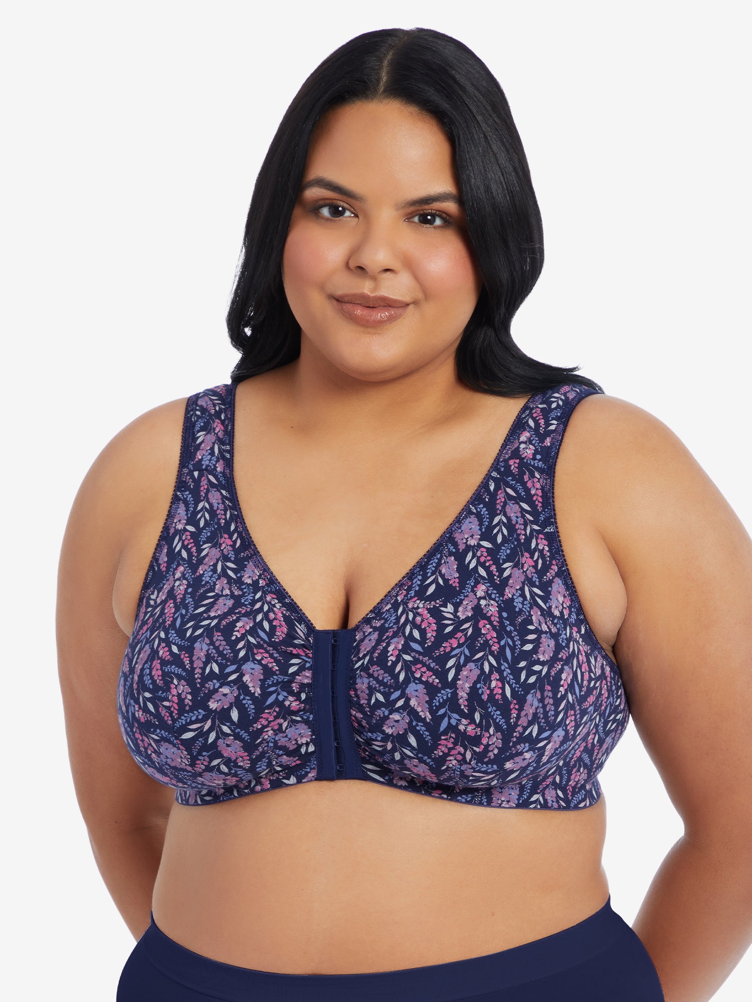 Front view of cotton front-closure wirefree comfort bra in dark purple floral print