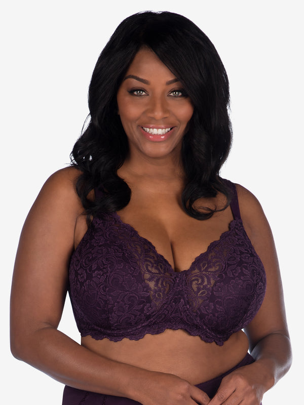 Front view of scalloped lace underwire bra in blackberry wine
