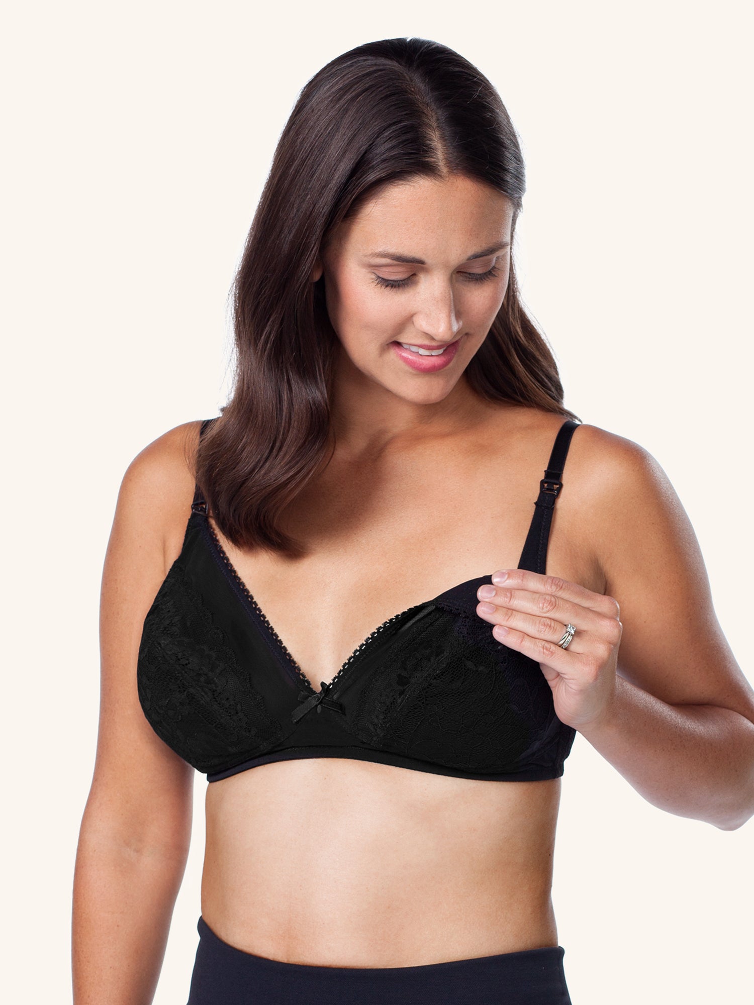 Back view of lace wireless nursing bra in black