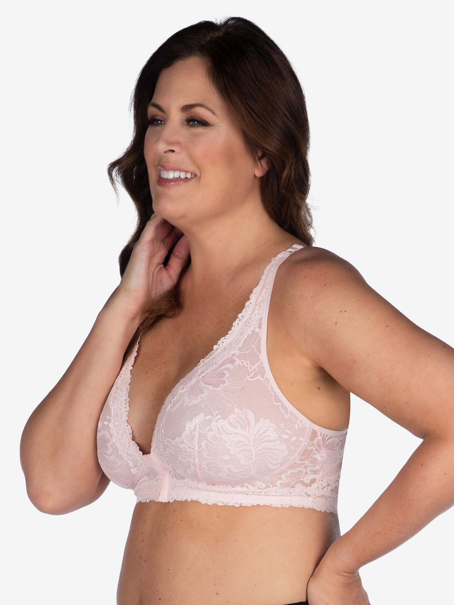 Back view of lace wirefree front-closure bralette in pearl pink