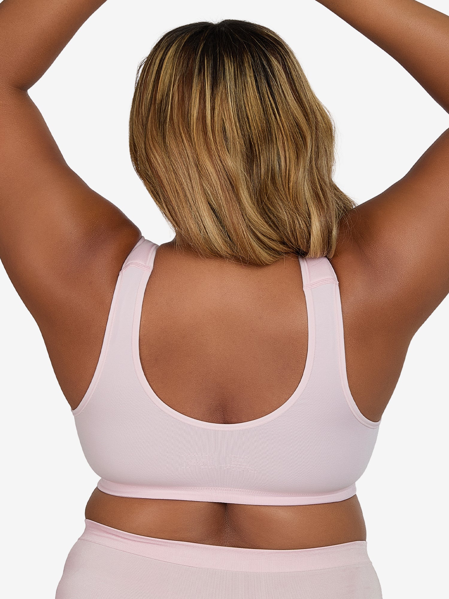 Back view of front-closure seamless comfort bra in pink crush