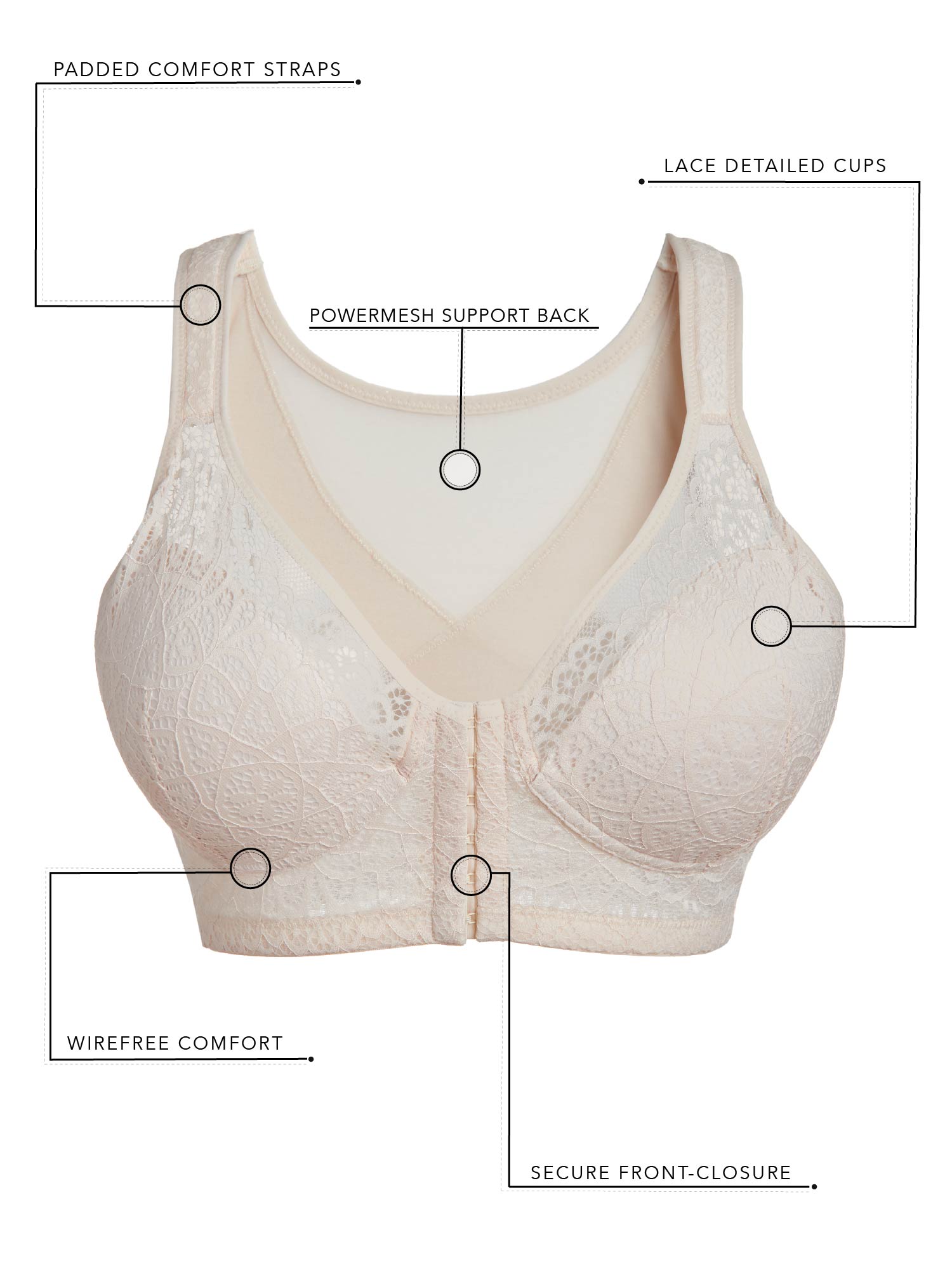 The Nora - Shimmer Support Back Lace Front-Closure Bra - Whisper Nude,40A