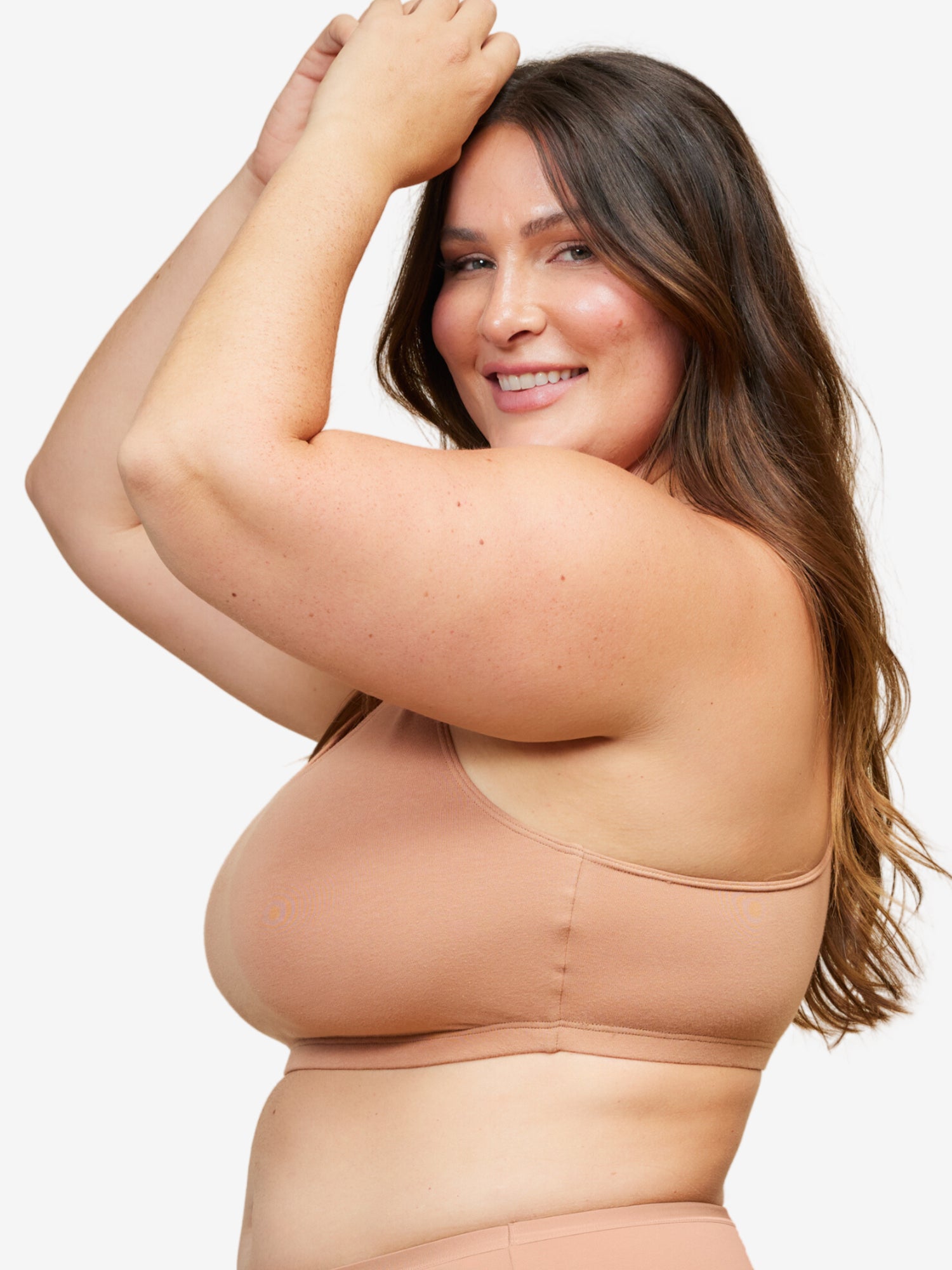 Front view of cotton wirefree sports bra in mocha