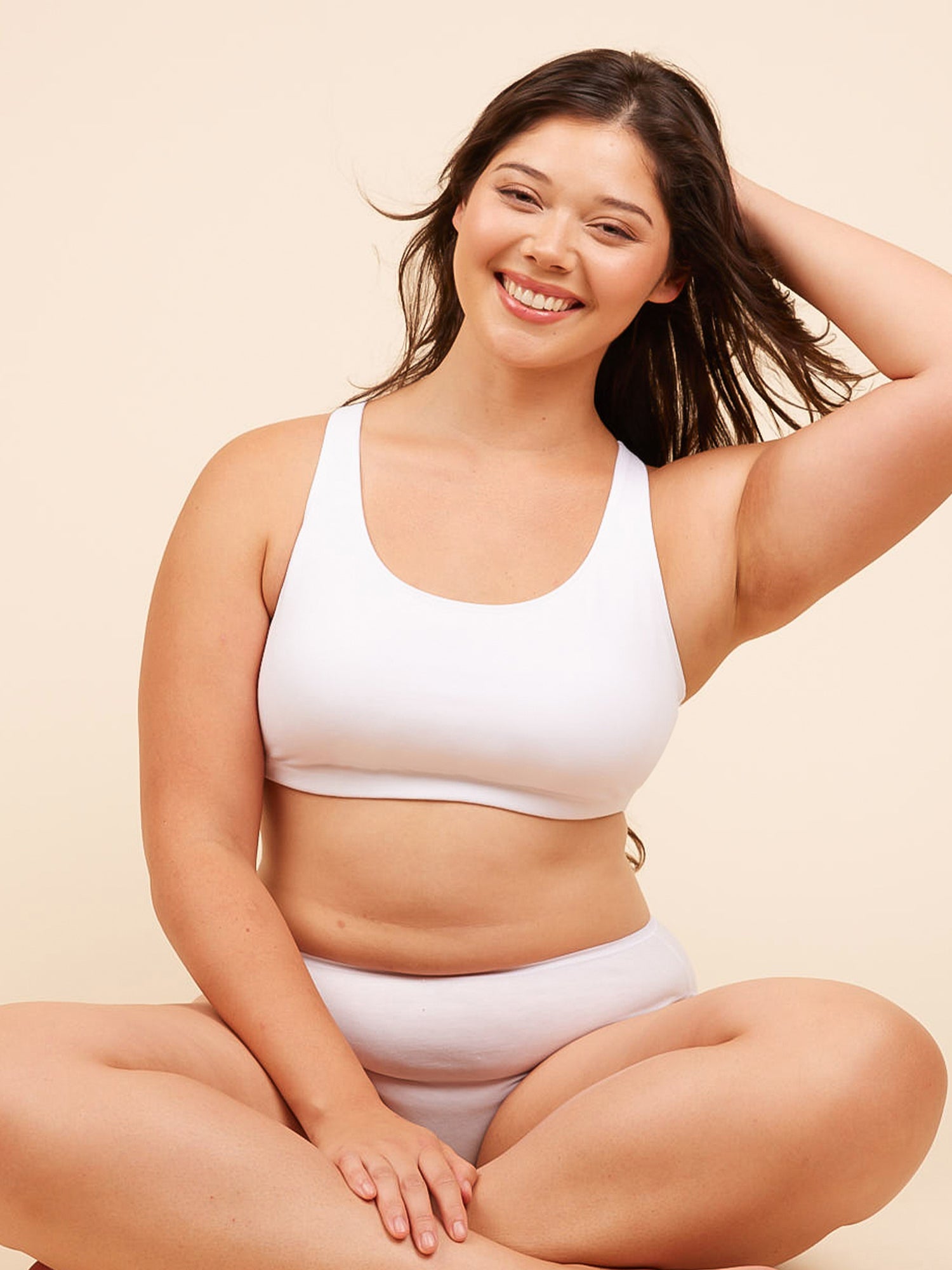 Front view of cotton wirefree sports bra in white