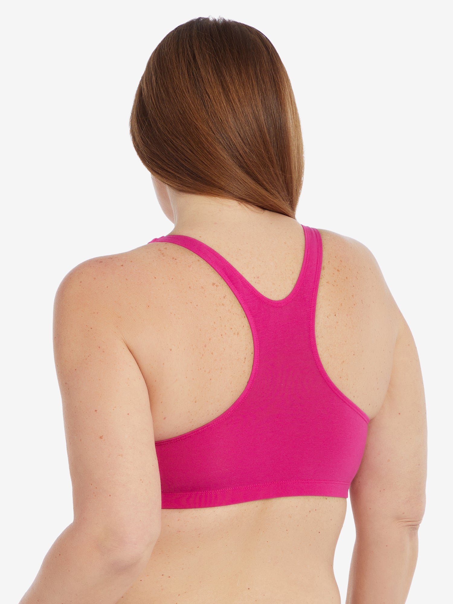 Side view of cotton wirefree sports bra in berry