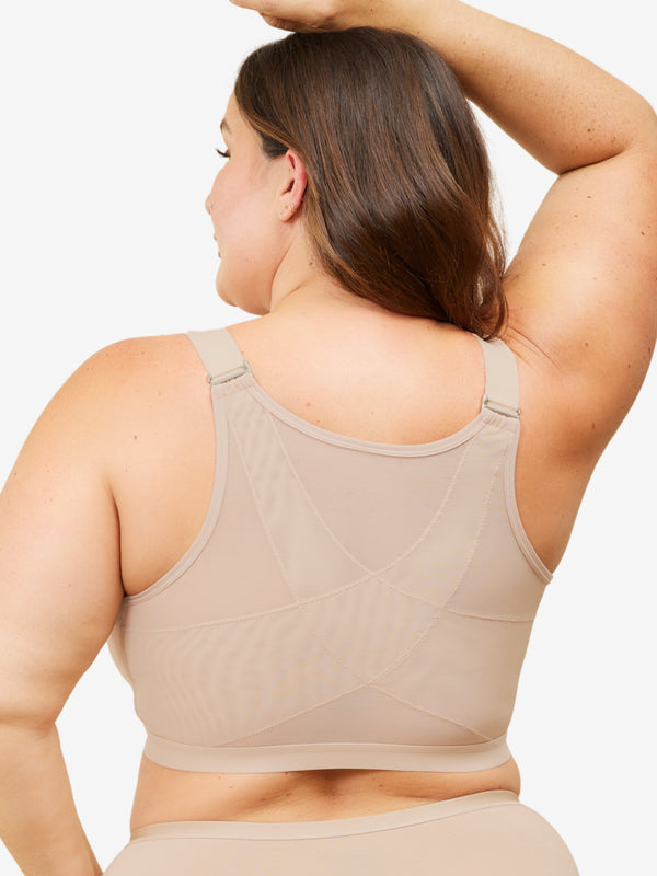 Back view of posture support smoothing front-closure bra in sand