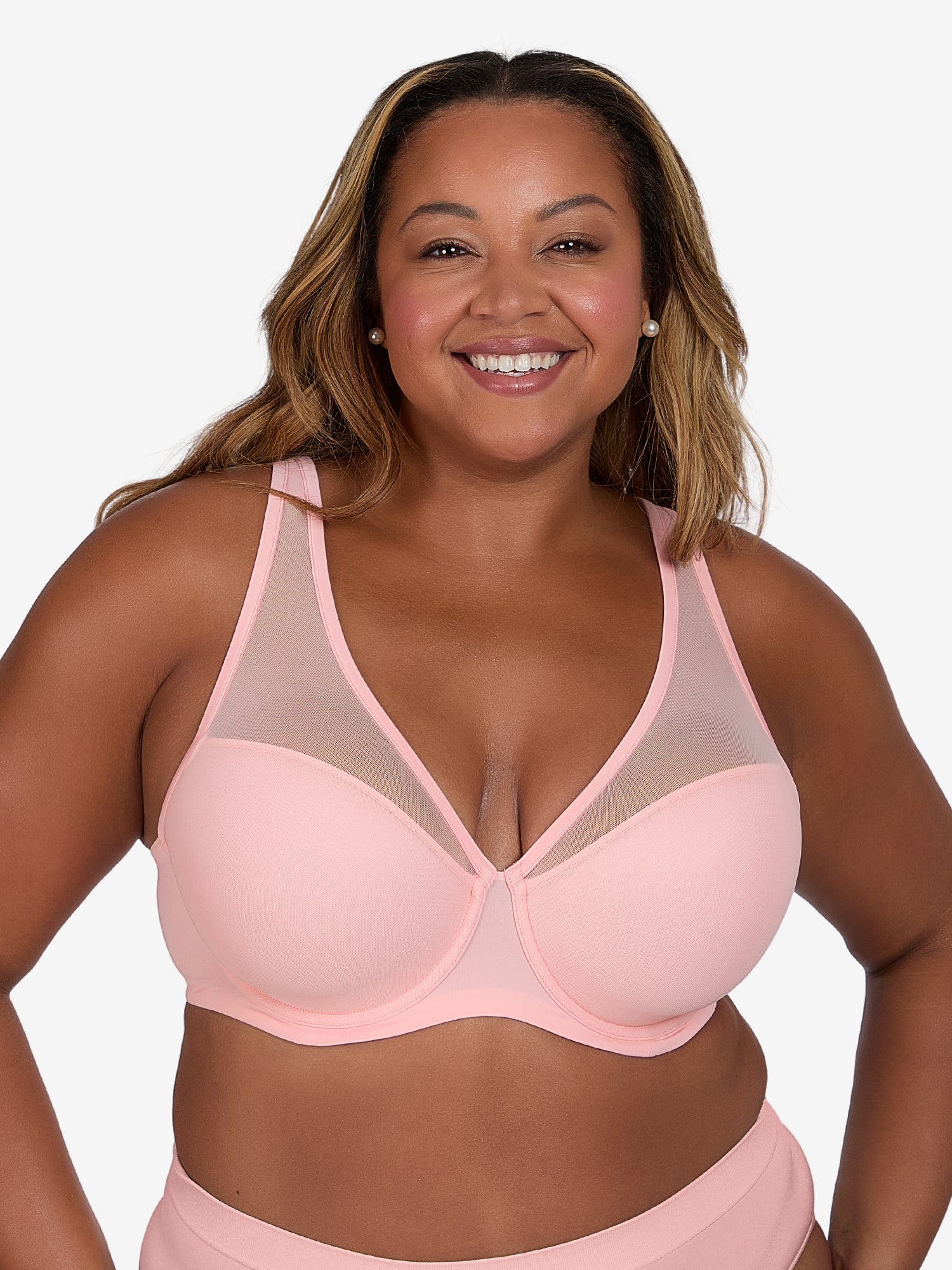 Front view of mesh plunge underwire bra in light pink