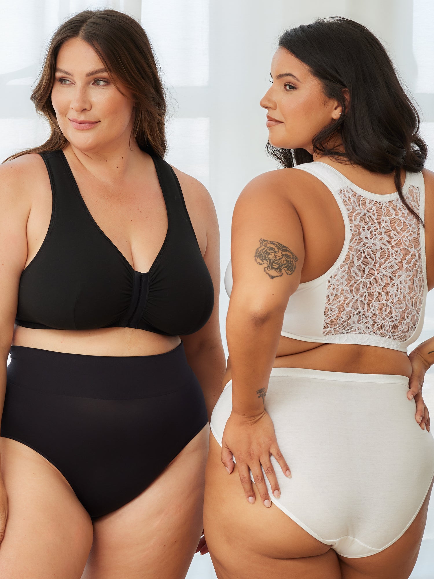 Front view of cotton front-closure lace racerback bra in black