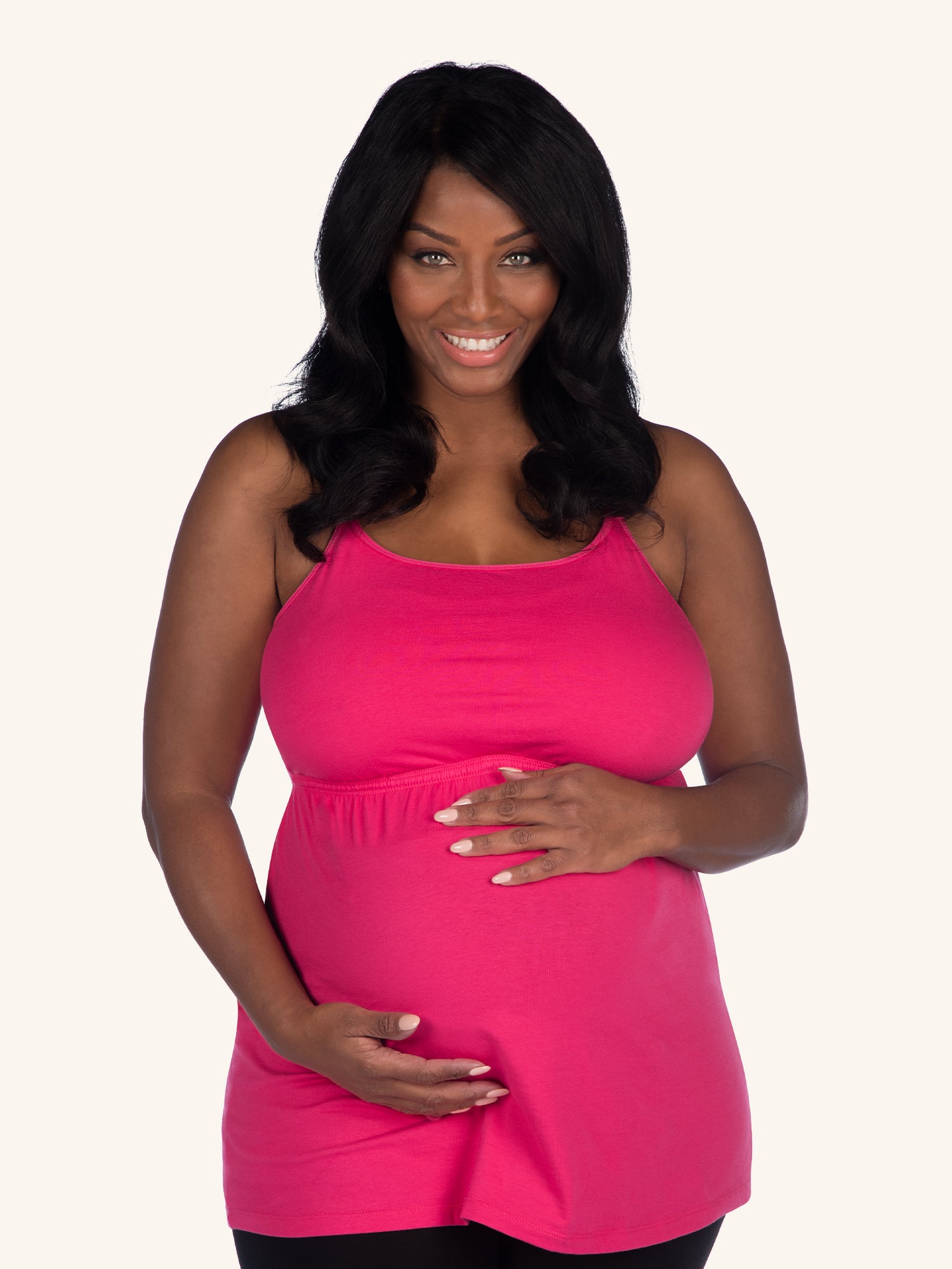 Front view of lace back maternity and nursing tank in azalea