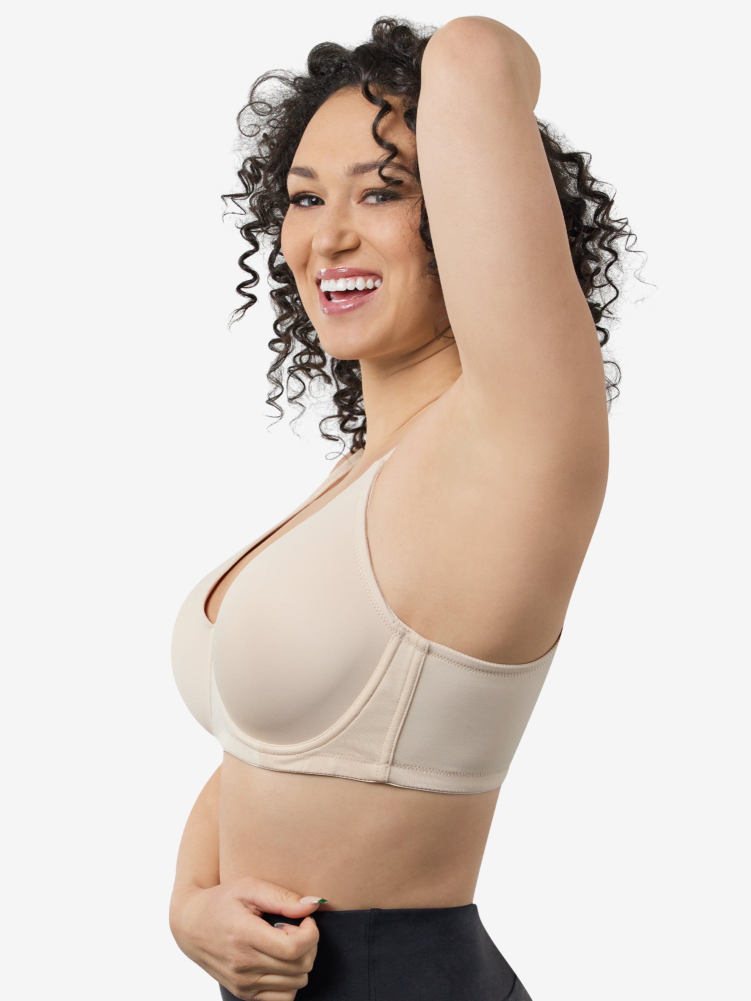 Side view of full coverage wirefree padded bra in nude
