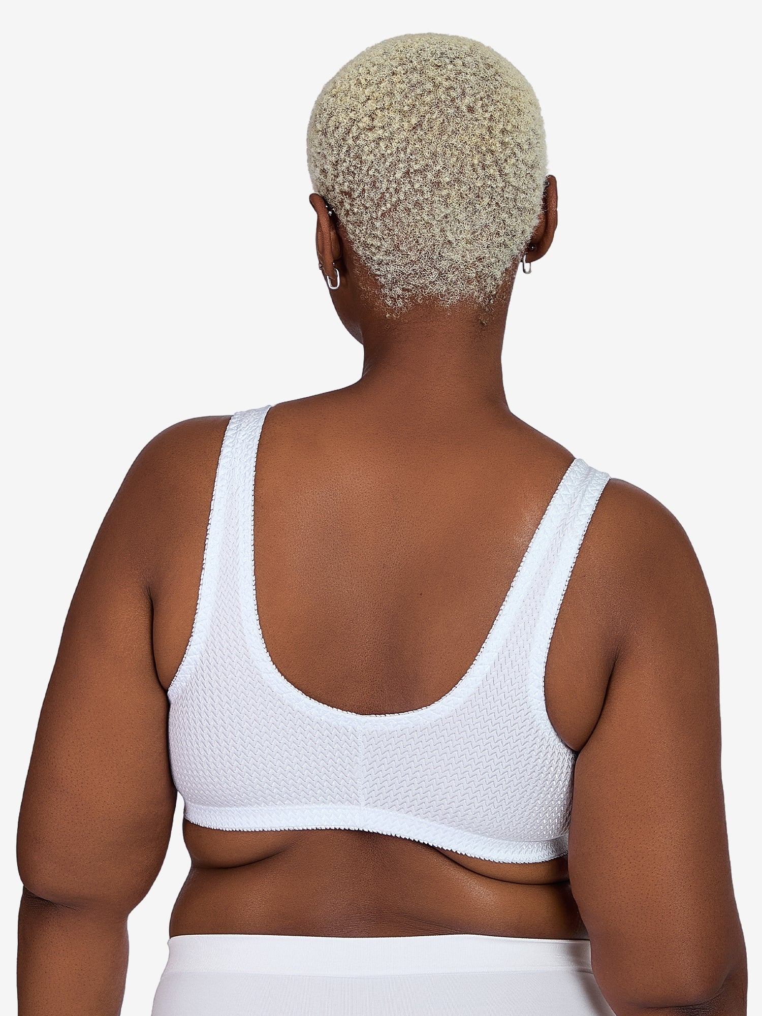 Back view of zig-zag weave front-closure comfort bra in white