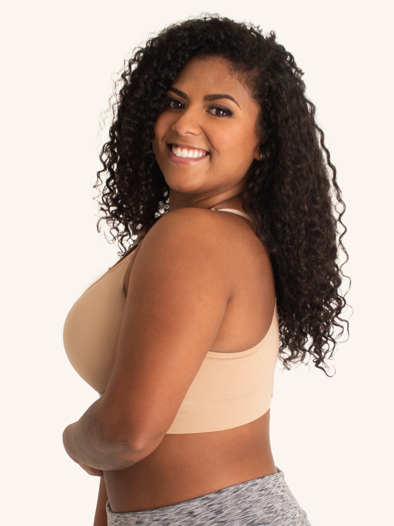 Side view of seamless wirefree nursing bra in warm taupe