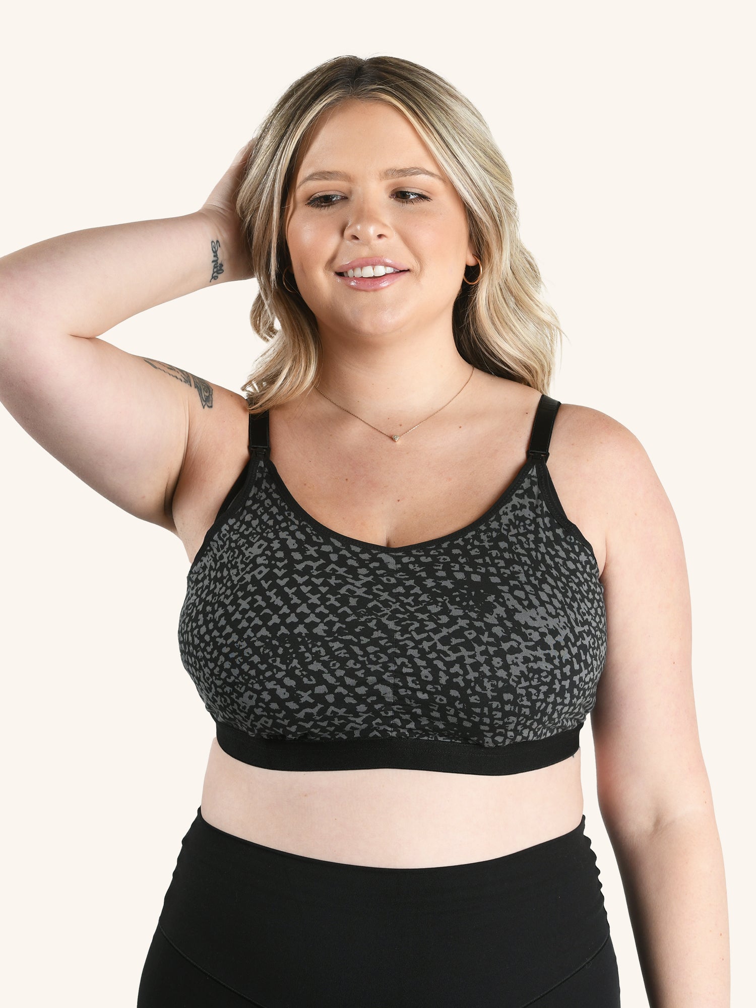 Back view of front comfort nursing bra in black and dark grey print