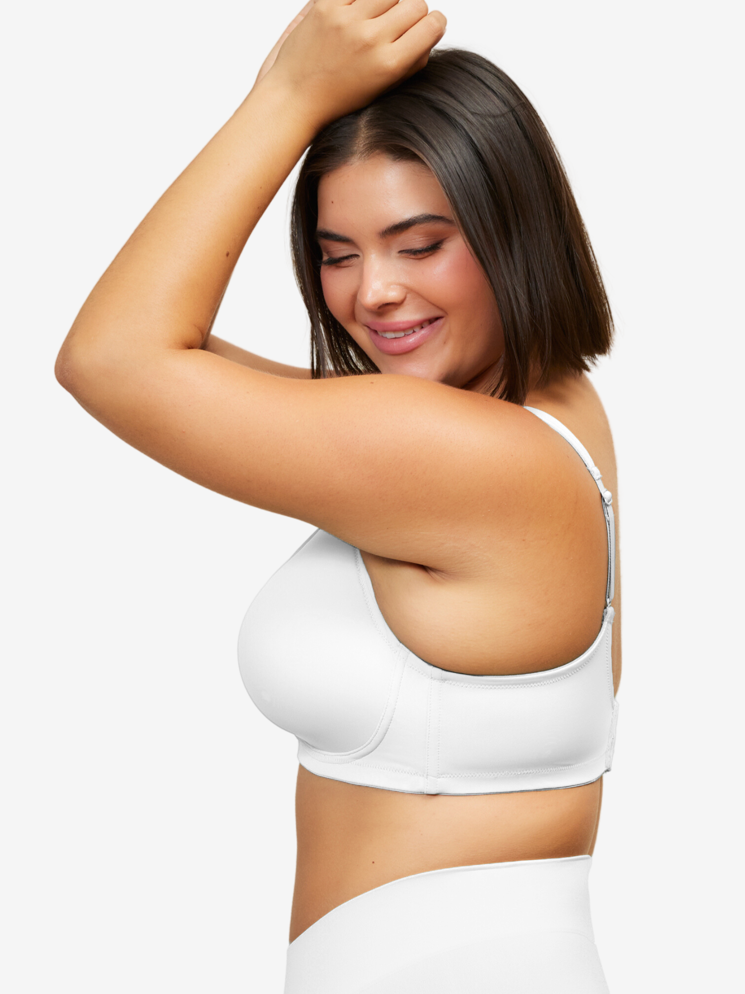 Side view of full coverage wirefree padded bra in white