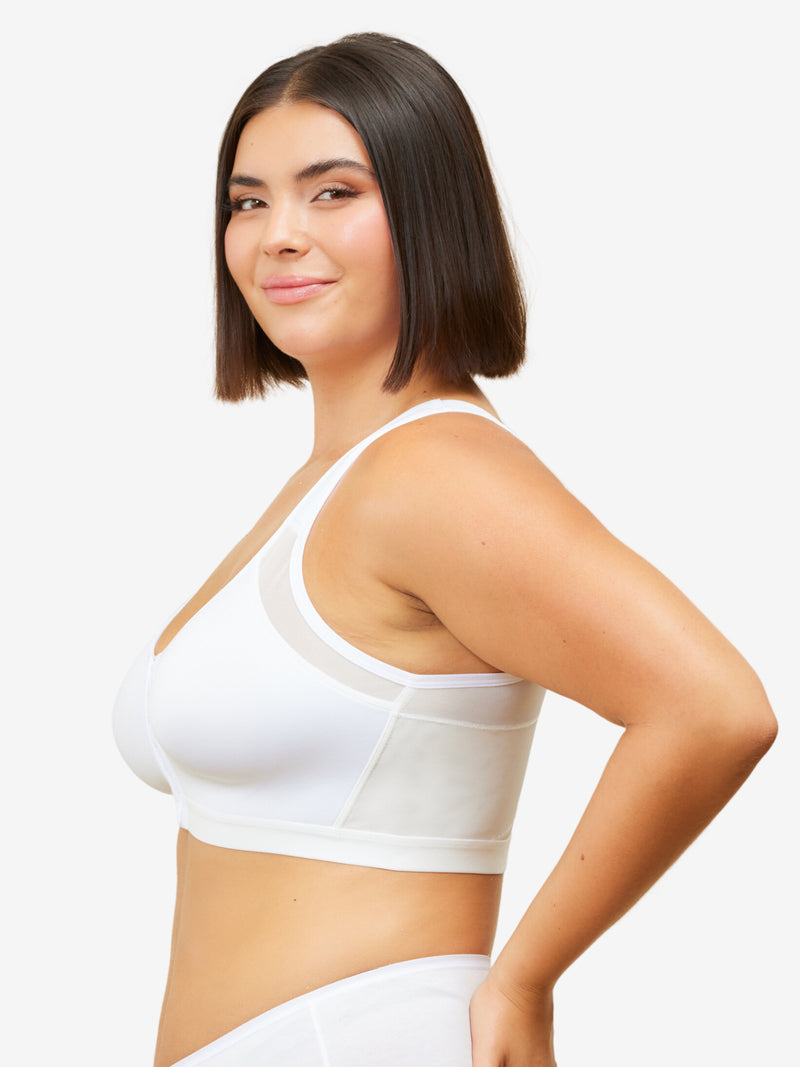 Side view of posture support smoothing front-closure bra in white
