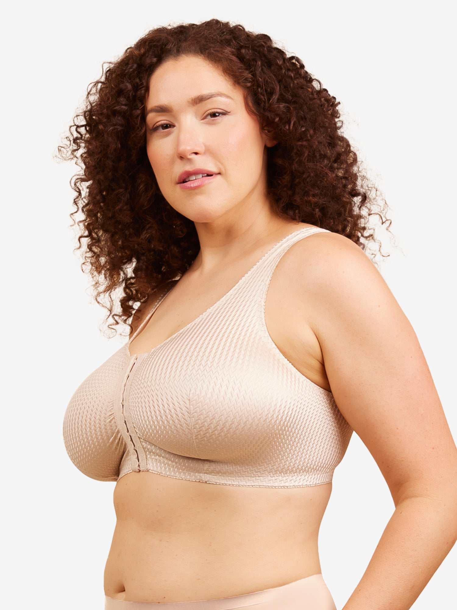 Side view of zig-zag weave front-closure comfort bra in beige