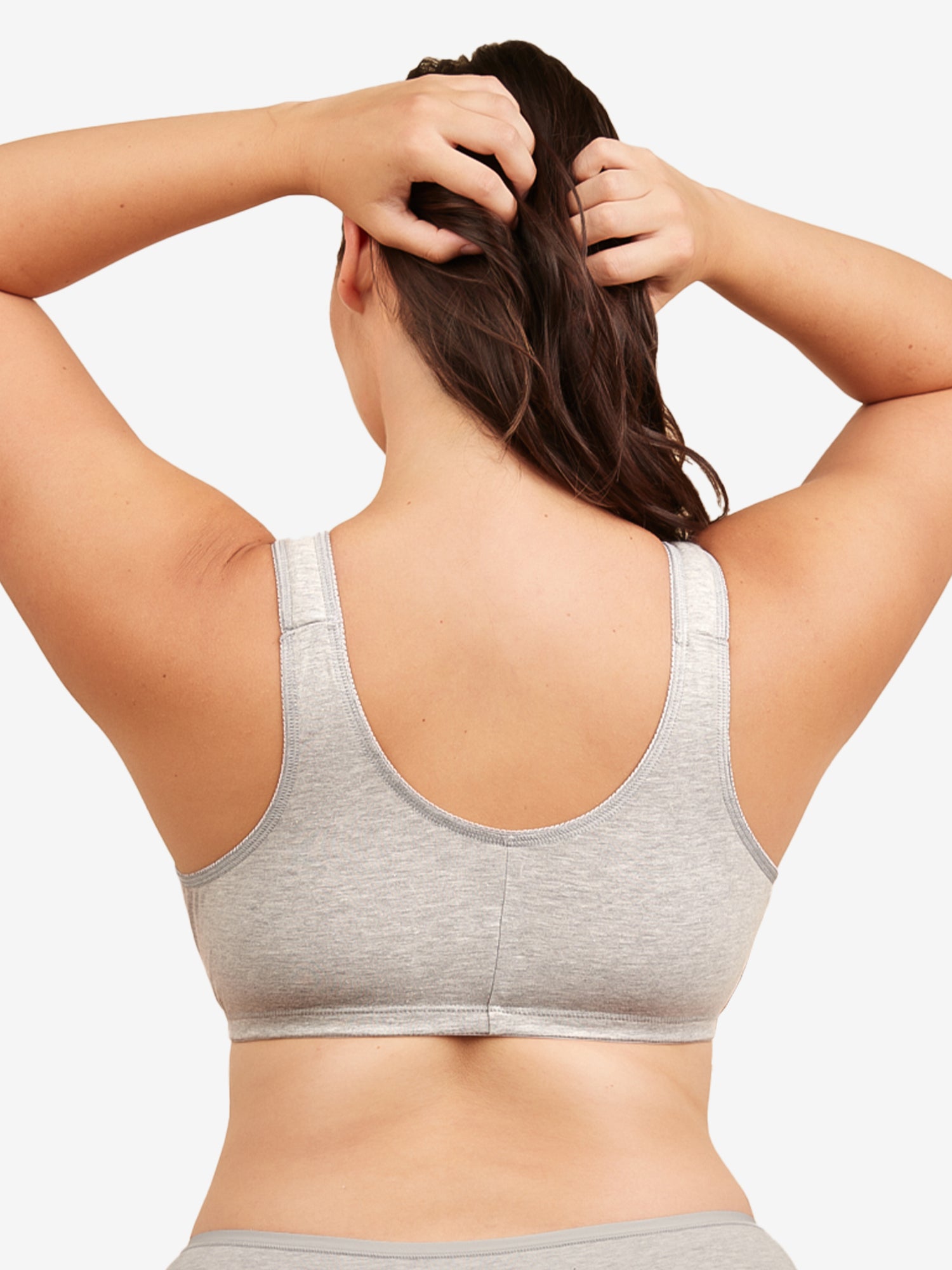 Back view of cotton front-closure wirefree comfort bra in heather grey