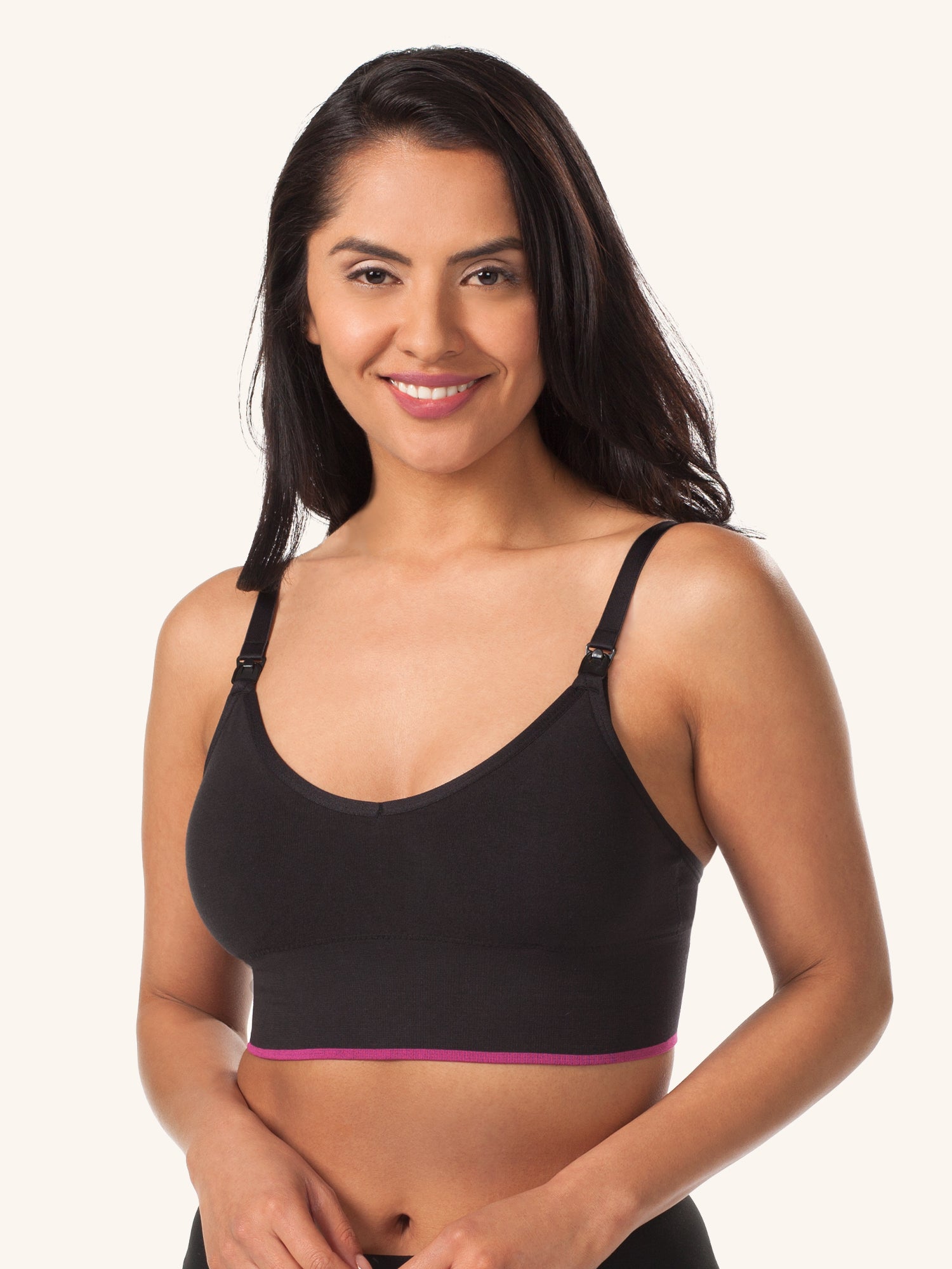 The Danika - Seamless Athleisure Nursing Sports Bra - Jet Black with Hot Pink Trim,S