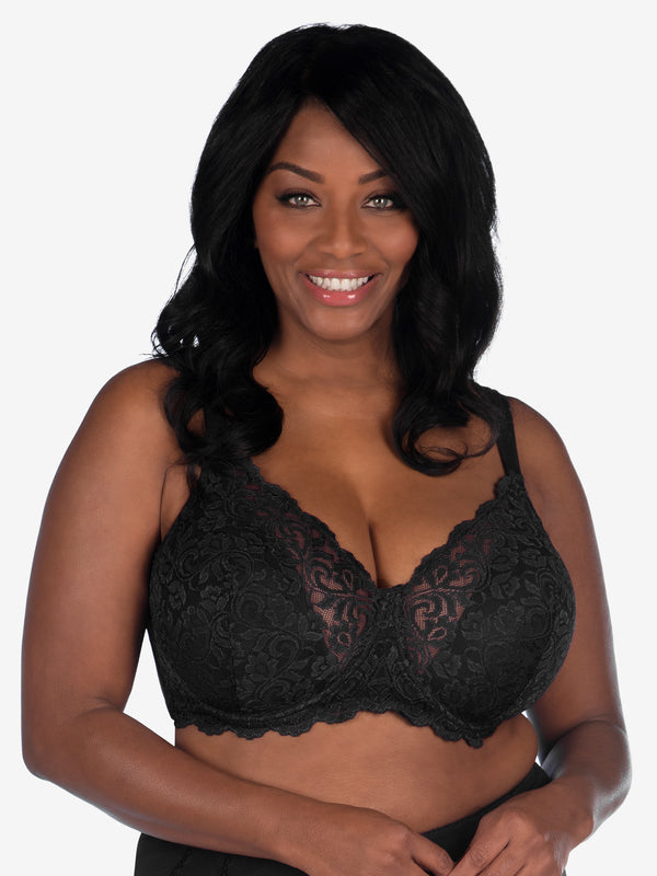 Front view of scalloped lace underwire bra in black