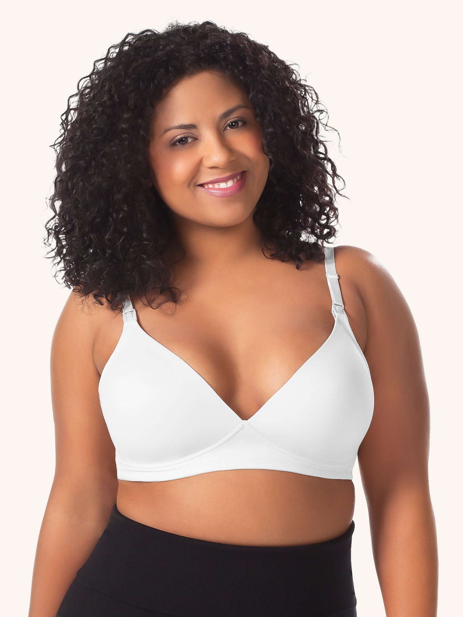 Front view of molded seamless wirefree nursing bra in white