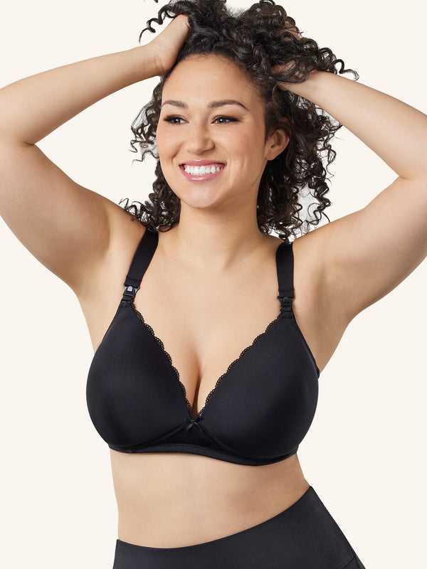 Front view of wirefree nursing and hands free pump bra in black