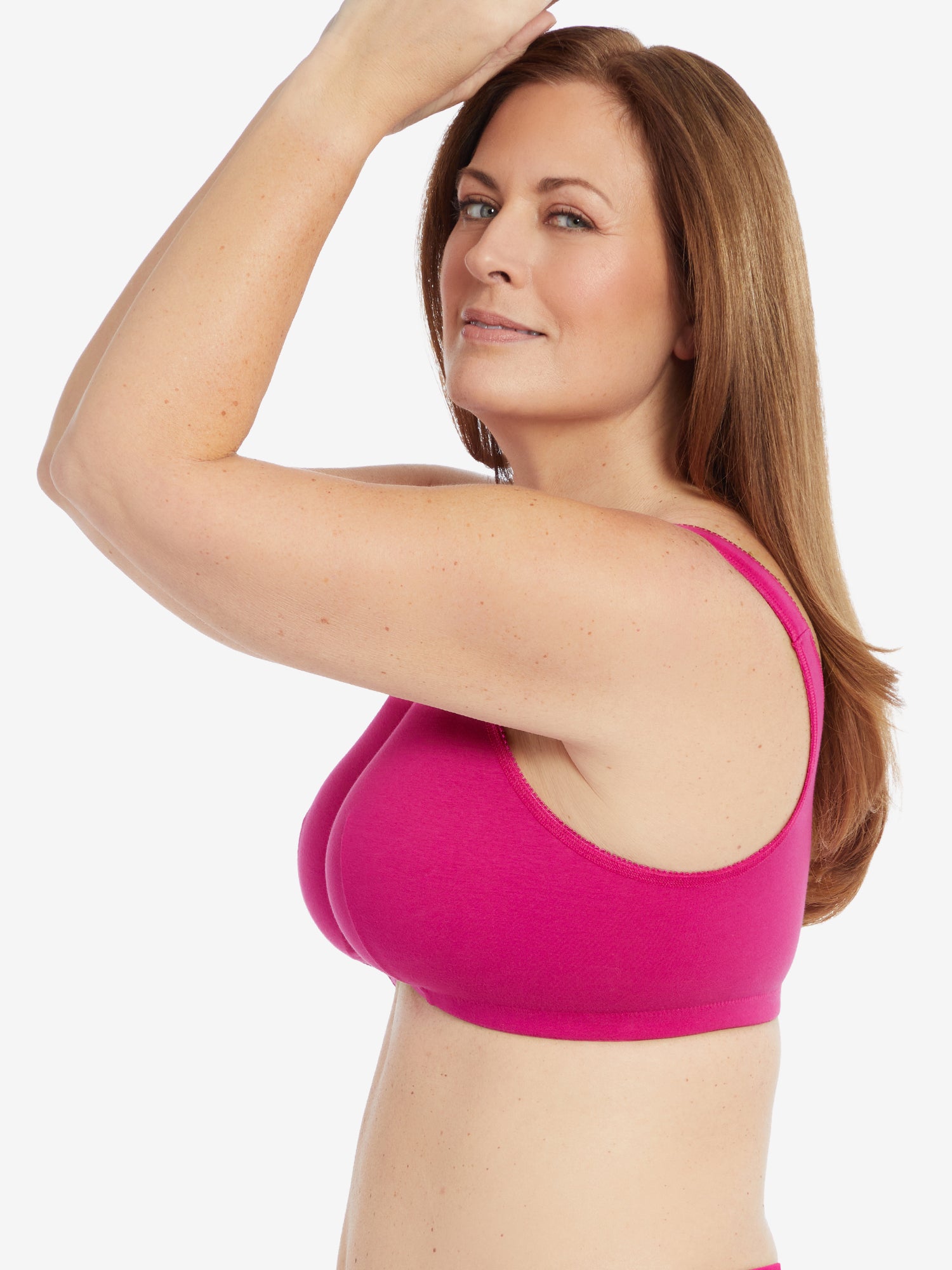 Side view of cotton front-closure wirefree comfort bra in berry