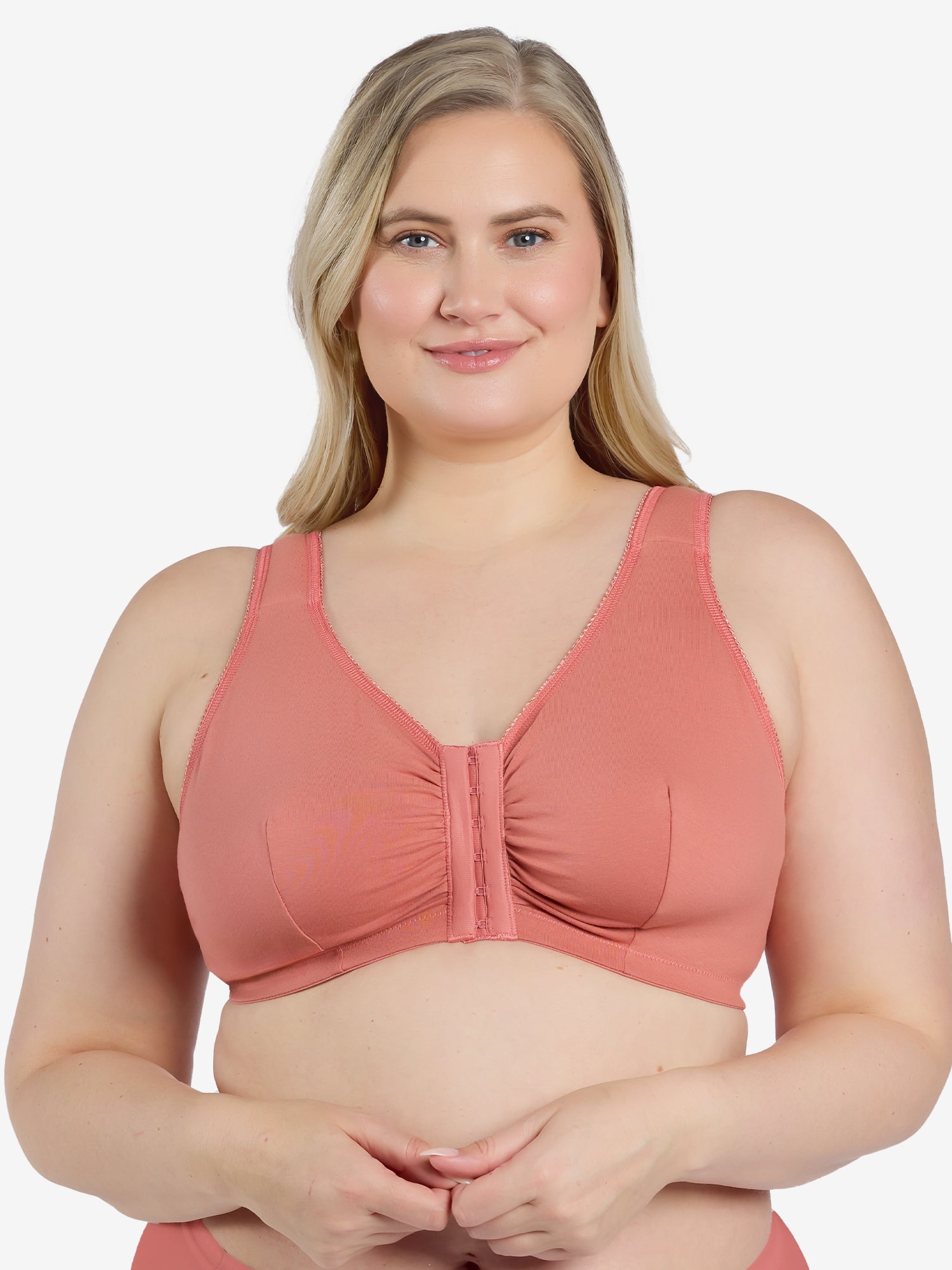 Front view of cotton front-closure wirefree comfort bra in black