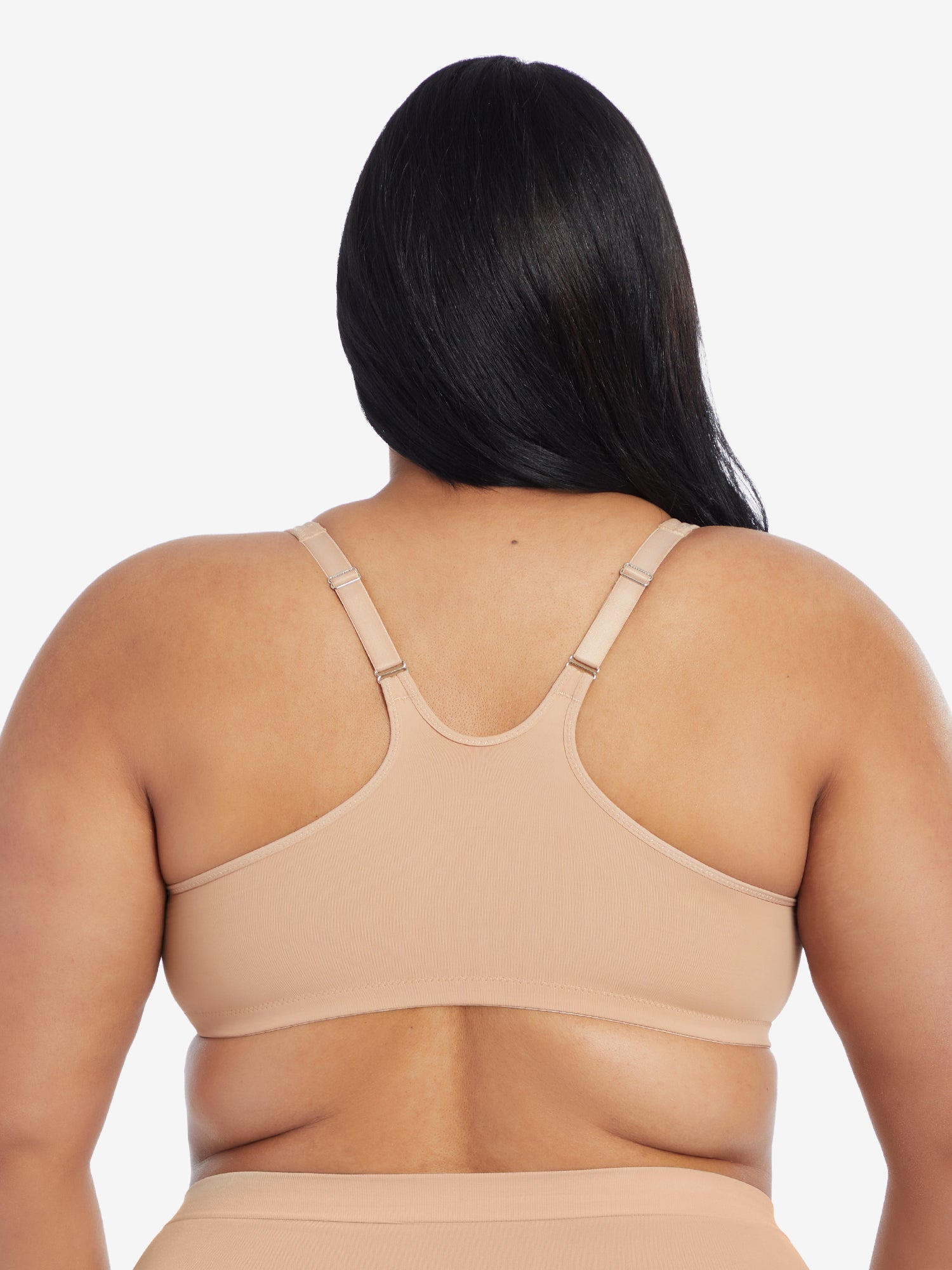 Back view of front-closure racerback t-shirt bra in sand