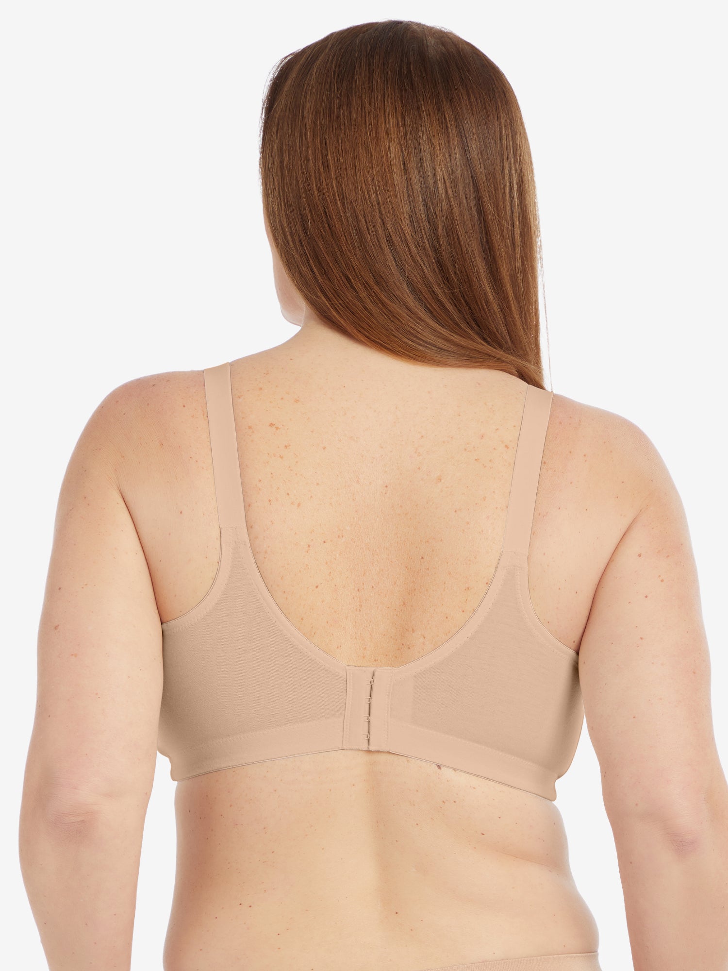Back view of wireless cotton comfort bra with lace in sand