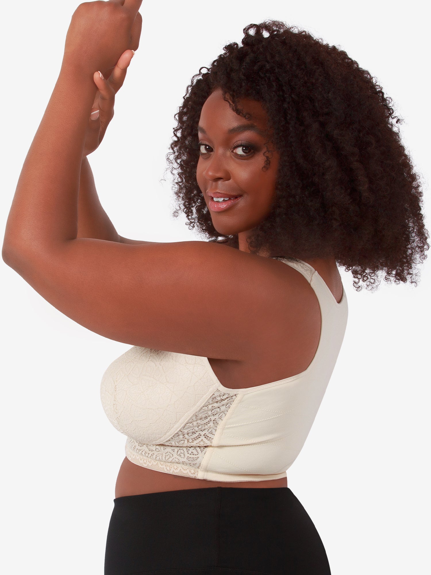 Side view of back smoothing front-closure lace bra in whisper nude