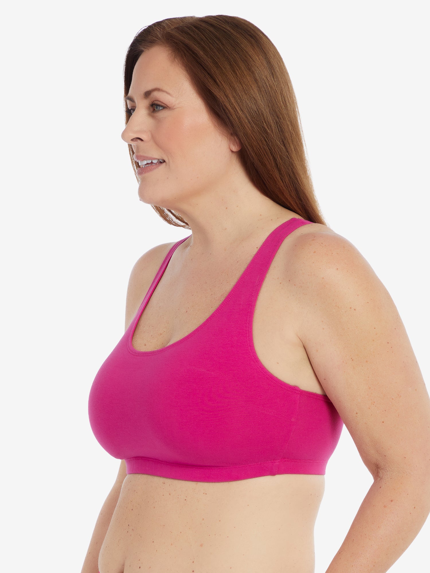 Back view of cotton wirefree sports bra in berry