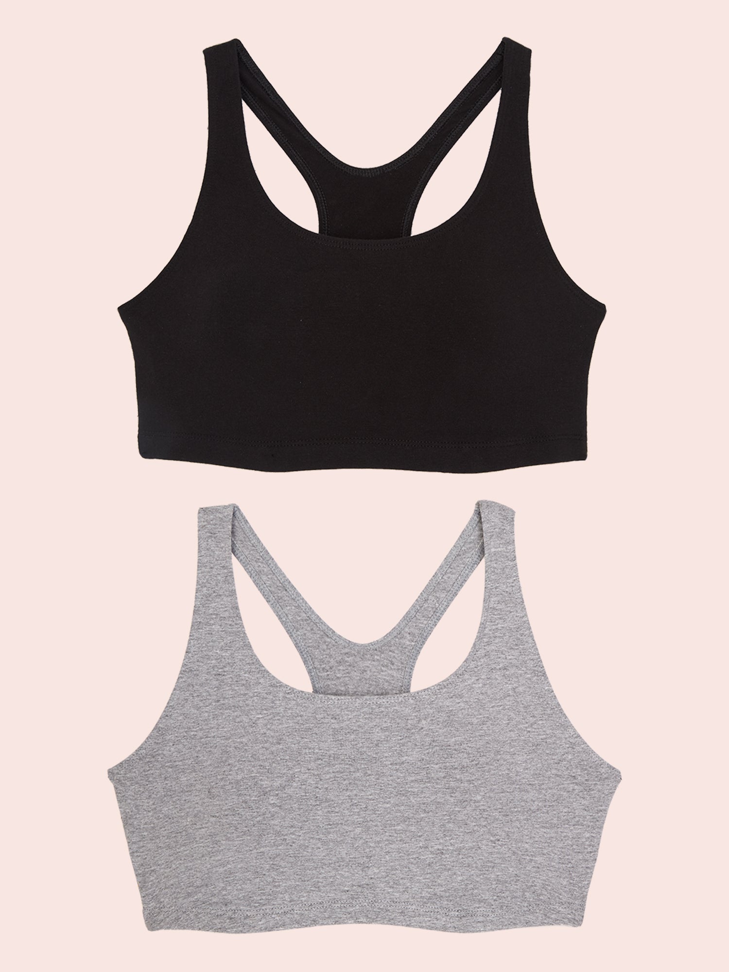 The Serena - Wireless Racerback Cotton Sports Bra 2-Pack - Black & Grey 2PK,38BCD