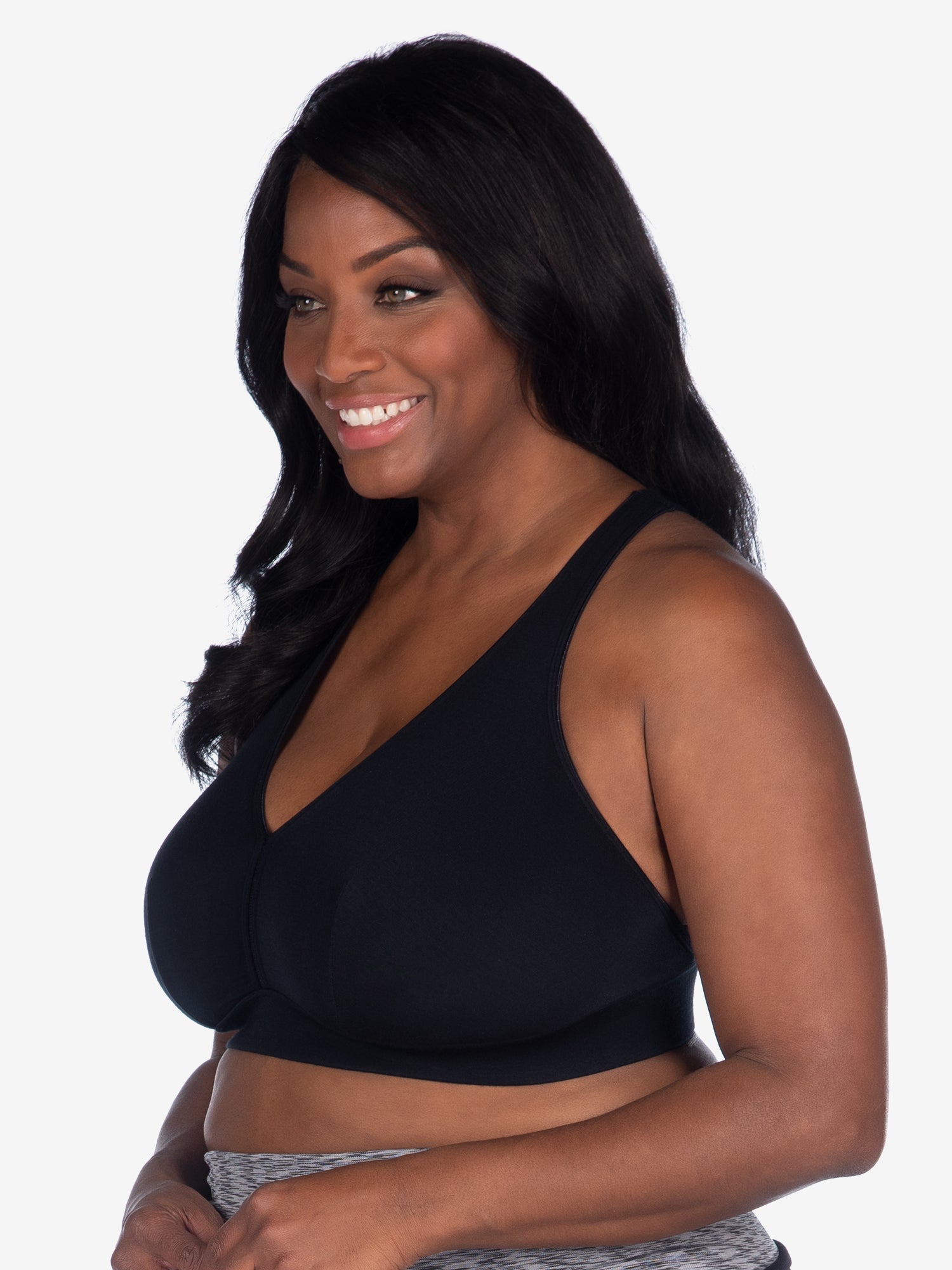 Side view of wirefree bralette in black