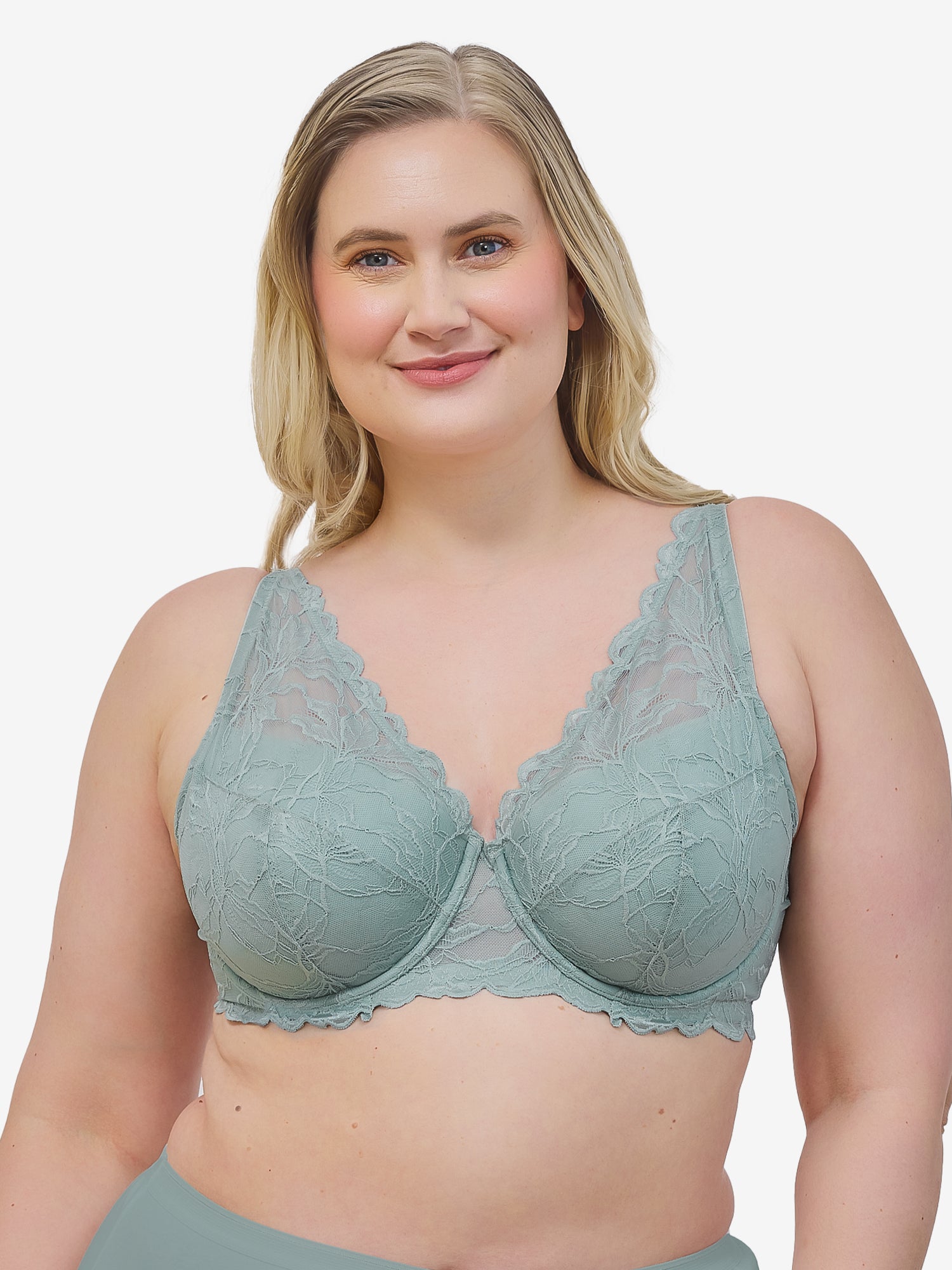 The Willow - Lightly Padded Lace Plunge Underwire Bra - Slate,40A