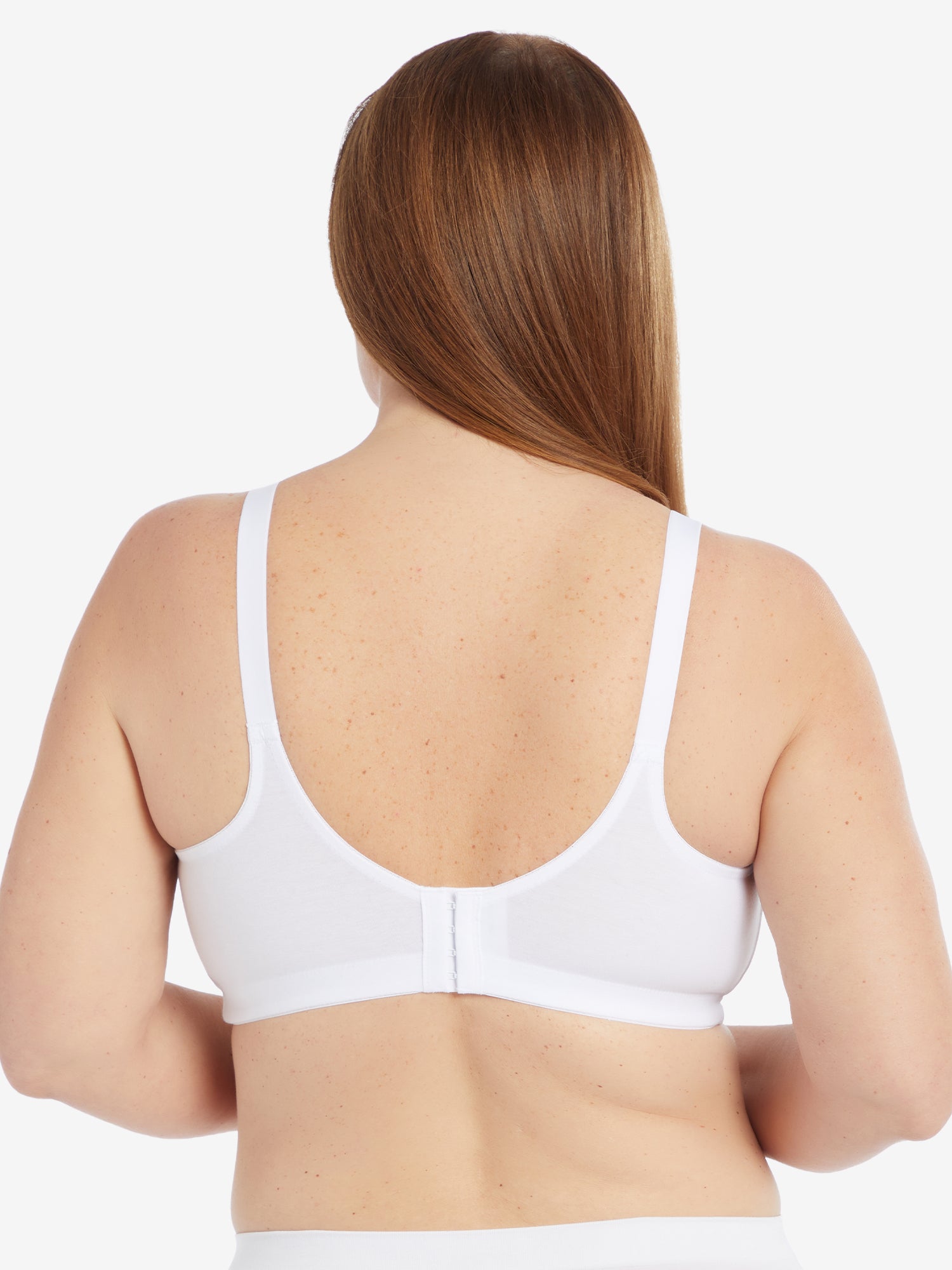 Side view of wireless cotton comfort bra with lace in white