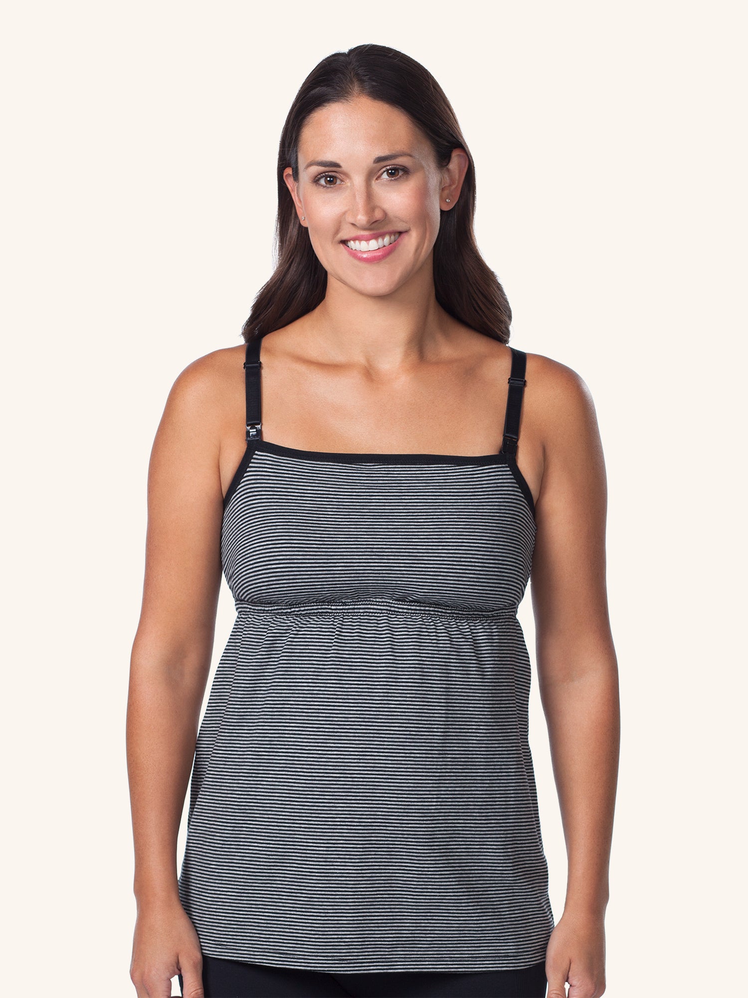 Side view of square neck maternity and nursing tank in black stripe
