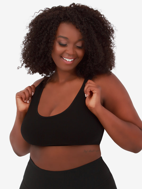Front view of comfort support sports bra in black