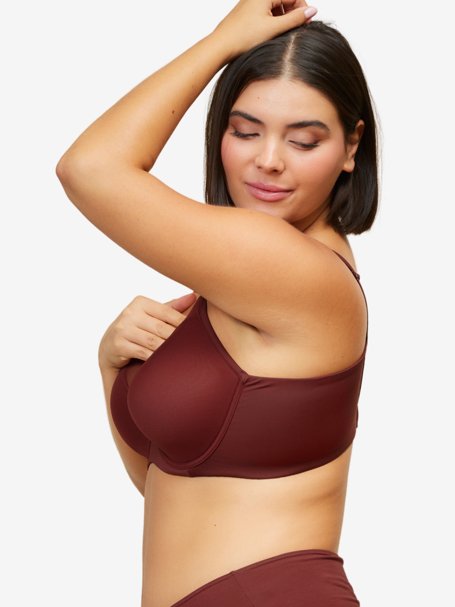 Side view of mesh plunge underwire bra in spiced apple