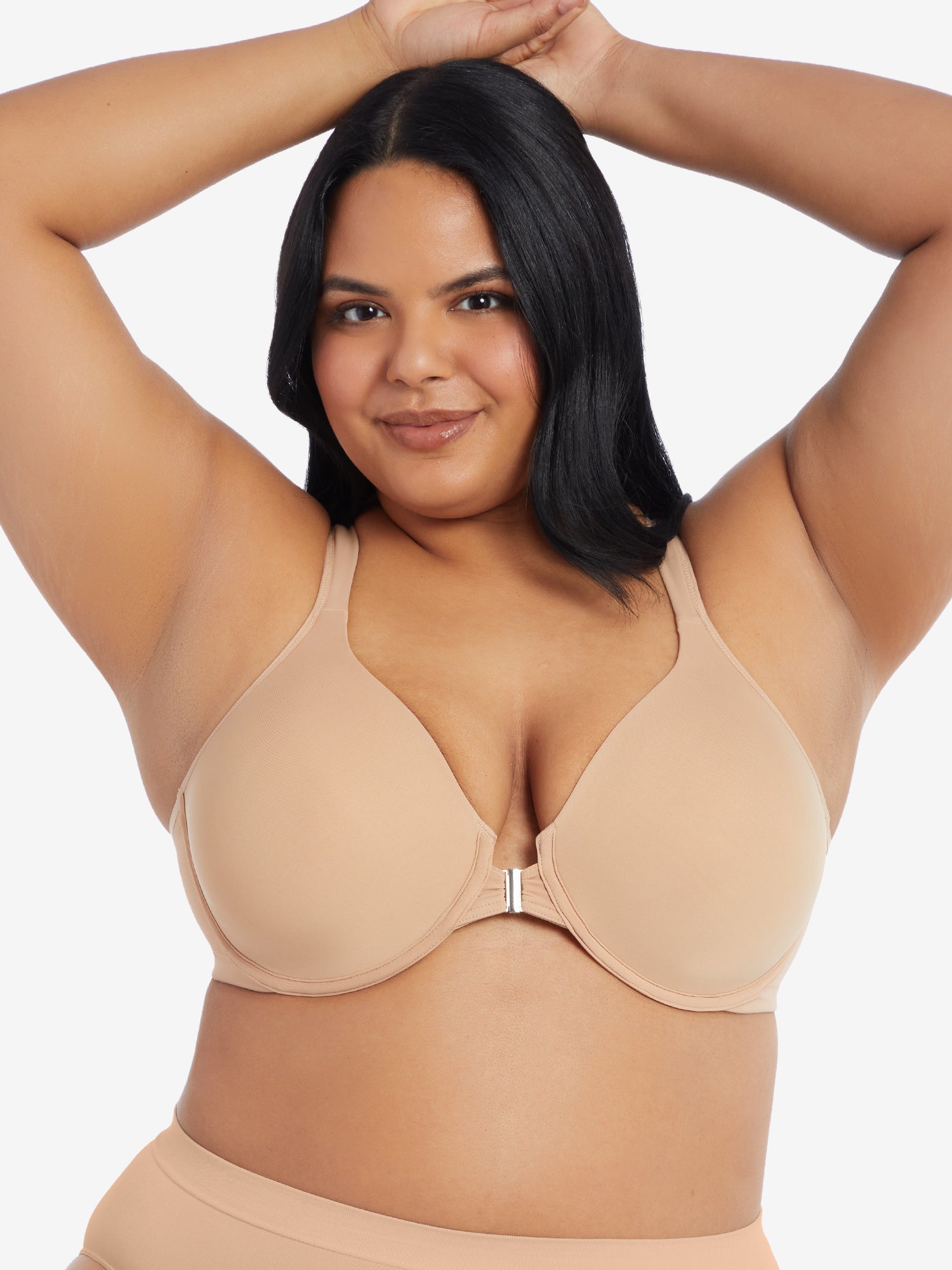Front view of front-closure racerback t-shirt bra in sand