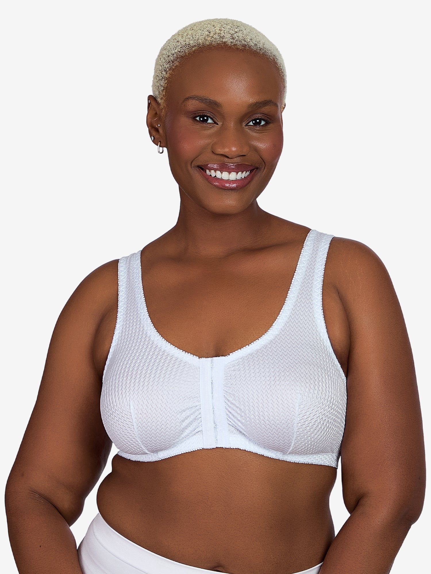 Front view of zig-zag weave front-closure comfort bra in white