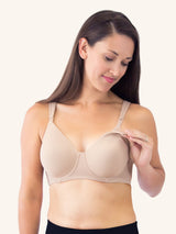 Front view of molded seamless underwire nursing bra in nude