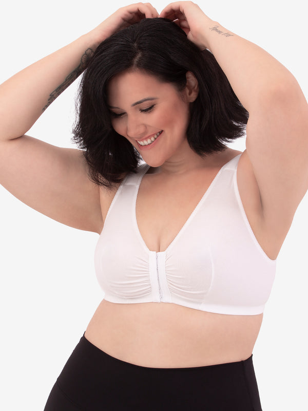 Front view of cotton front-closure wirefree comfort bra in white