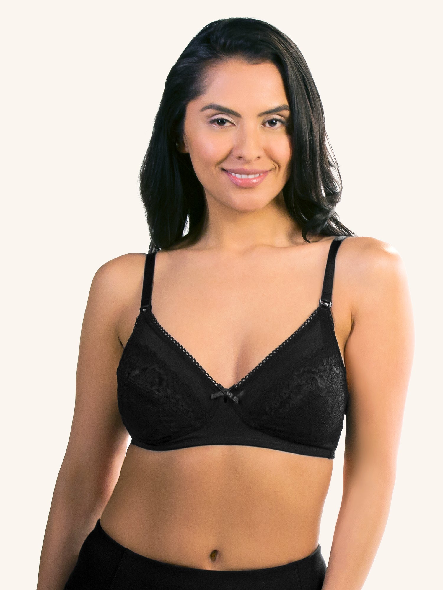 Front view of lace wireless nursing bra in black
