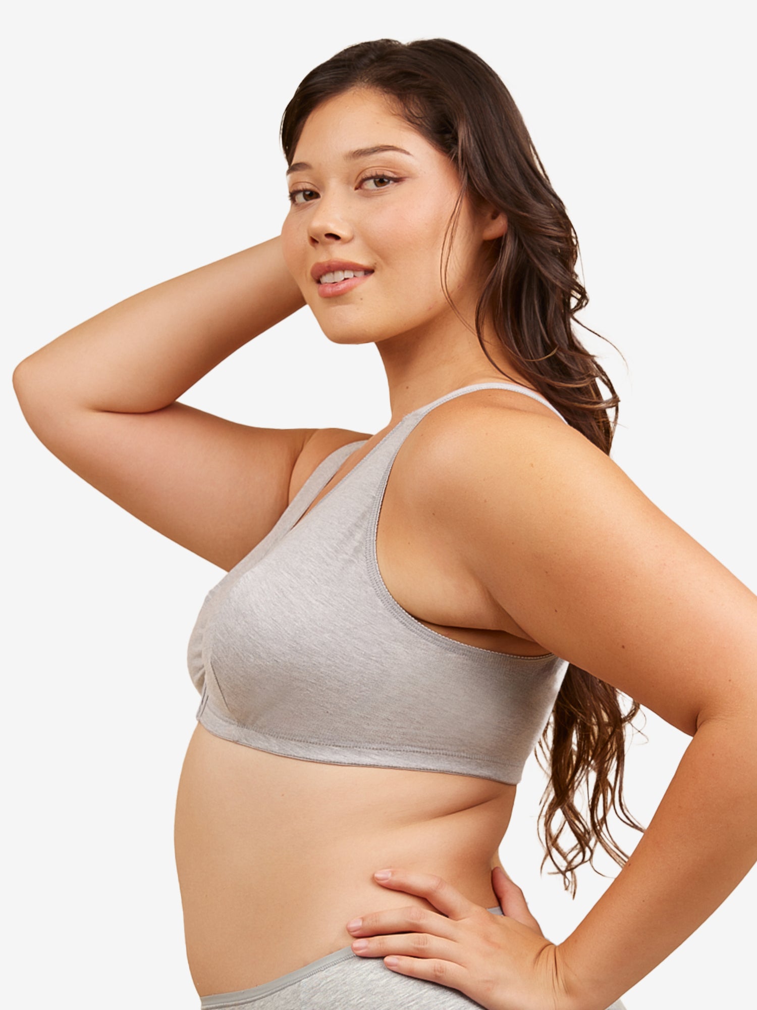 Side view of cotton front-closure wirefree comfort bra in heather grey