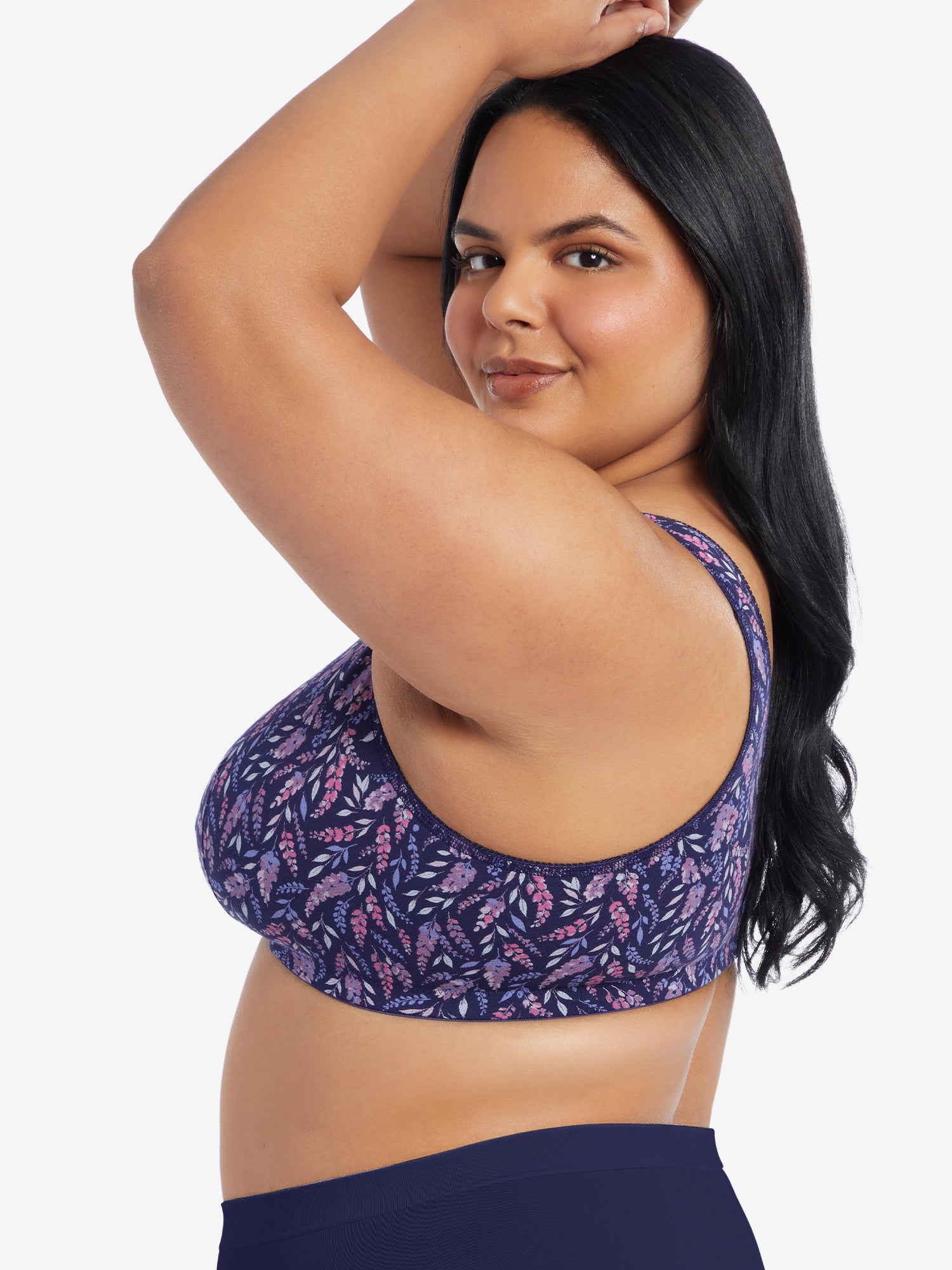 Side view of cotton front-closure wirefree comfort bra in dark purple floral print