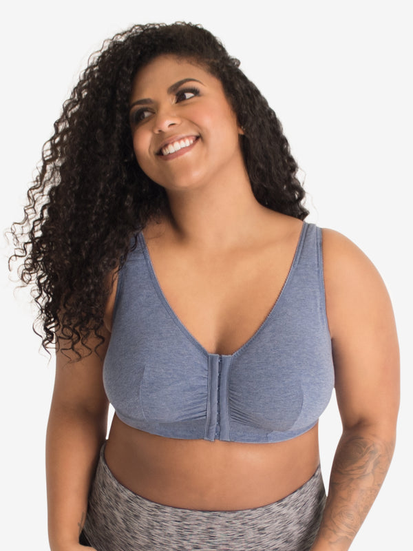 Front view of cotton front-closure wirefree comfort bra in heather denim blue