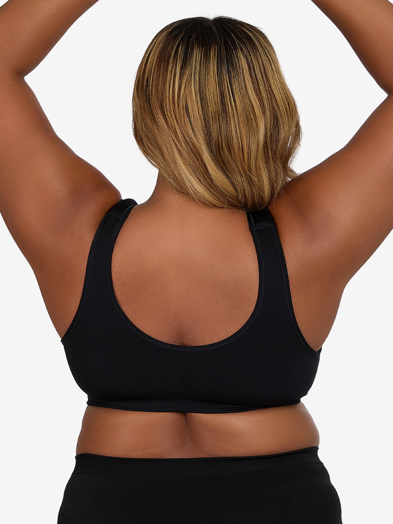 Back view of front-closure seamless comfort bra in black onyx